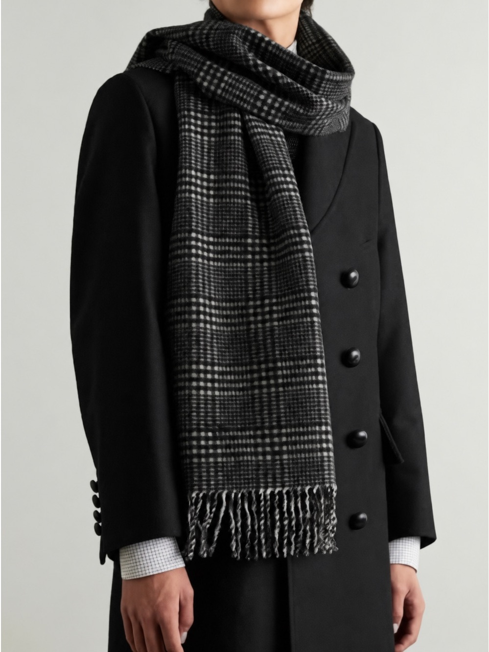 Polo Ralph Lauren Gray Glen Plaid Wool Blend Fringed Scarf Italy Reversible